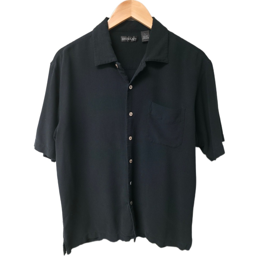 Anthology Button Down Shirt Mens Large Black 100% Silk Waffle Knit Casual Luxury